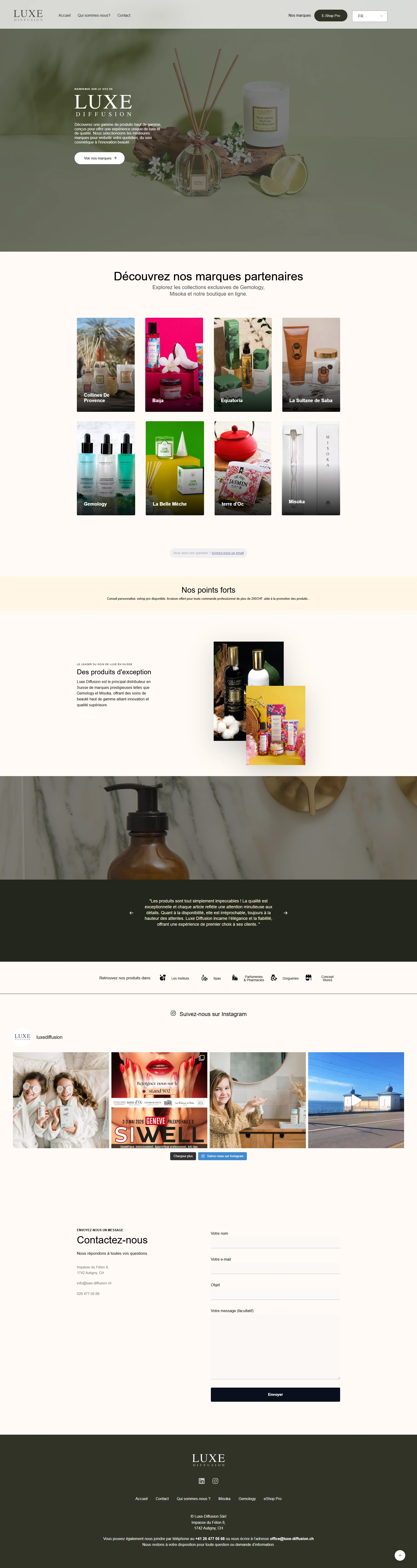 Page d'accueil du site Luxe-Diffusion, distributeur cosmétique premium en Suisse